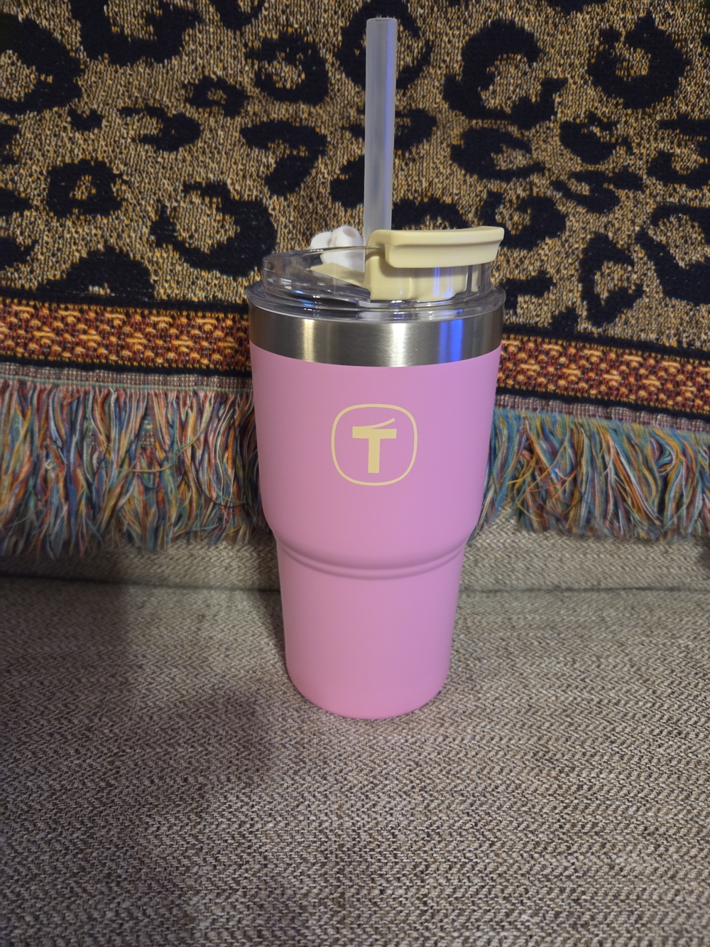 Tupperware Pink Insulated Tumbler with Yellow Accent Straw Lid